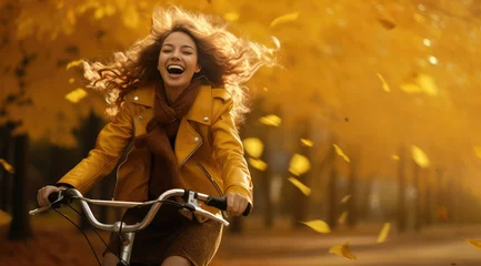 Foto op Plexiglas beautiful woman riding bicycle at autumn forest © Kien