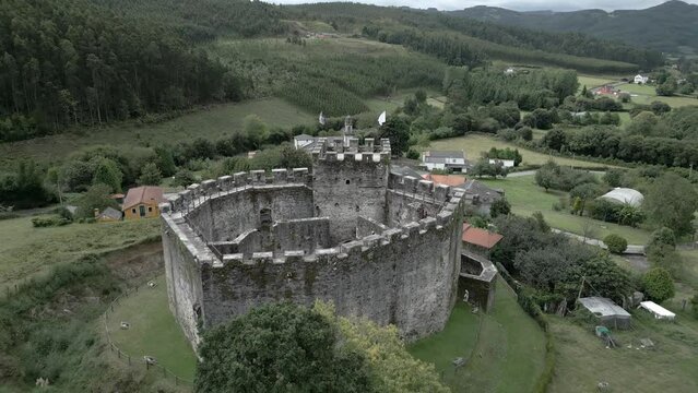 Aerial shot of Moeche Castle built in the 15th century in the Ferrol Region, Galicia, Spain