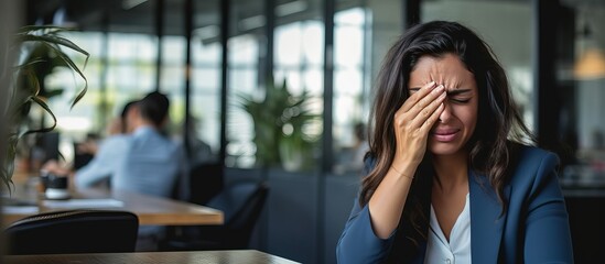 Office woman, grappling with the agony of her partner's infidelity, while trying to maintain composure at work - obrazy, fototapety, plakaty