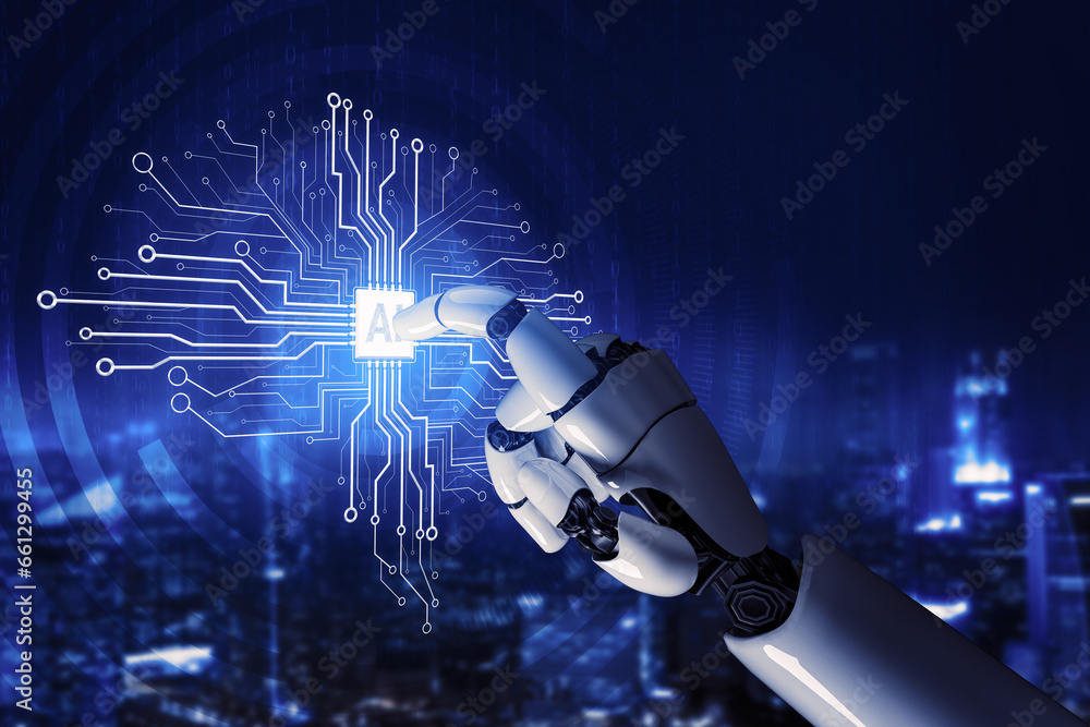 Poster 3d rendering futuristic robot technology development, artificial intelligence ai, and machine learni