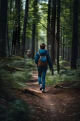 a back view of a boy hiking or walking alone in a forest in the summer fall spring or winter