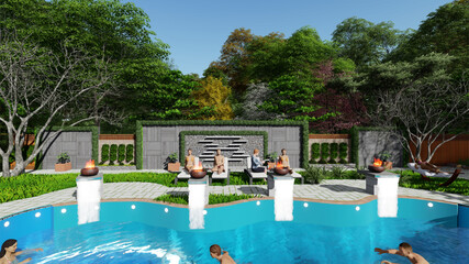 Swimming Pool Design Sitting Area Barbeque Corner 3D Rendered