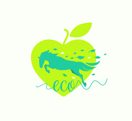 Eco symbol with running horse and leaves. Ecology in vector.