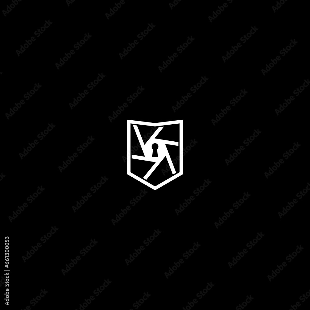 Poster security camera with shield icon isolated on dark background
