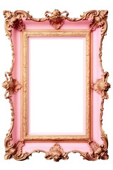 empty ornate antique gold and pink picture frame isolated on transparent background, cut-out home decor, interior, gallery mock up or advertising design element PNG