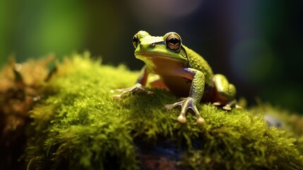 Photo of European tree frog sitting on a trunk in the wild