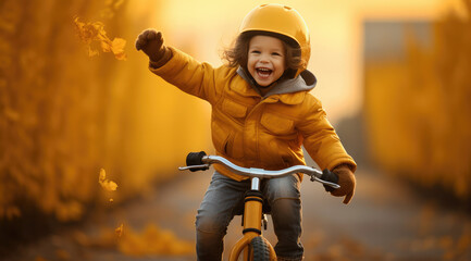 a kid is riding a bike with a yellow jacket - obrazy, fototapety, plakaty