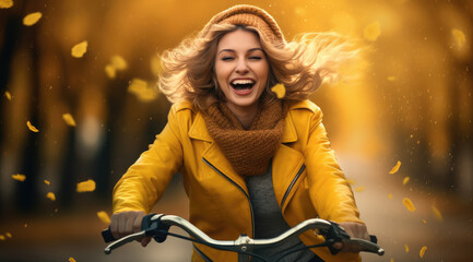 Fototapeta na wymiar beautiful woman riding bicycle at autumn forest