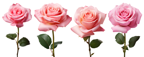 set of beautiful pink roses, flowers, stem and leaf, isolated over a transparent background, cut-out floral, perfume / essential oil, romantic wildflower or garden design elements PNG