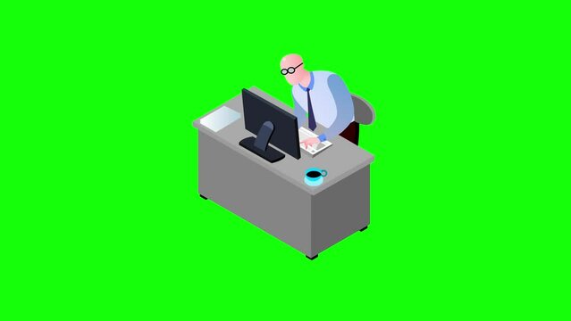 Businessmen 03 sitting and working with computer green screen. Business cartoon style animation of office employees. Flat vector design greenbox Seamless loop.