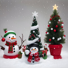 A cheerful Christmas scene with a festive, snow-covered small tree and a friendly snowman. The small tree is adorned with twinkling lights and colorful ornaments. AI Generative.