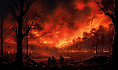 Fire consumes a house within a raging forest inferno. - obrazy, fototapety, plakaty