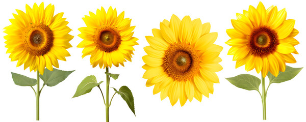 set of beautiful yellow sunflowers, isolated over a transparent background, cut-out floral, perfume / essential oil, romantic wildflower or garden design elements PNG