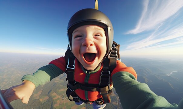 In a daring feat, the baby boy skydives through the clouds.
