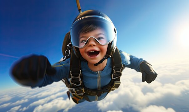 The baby boy's laughter fills the sky as he skydives.