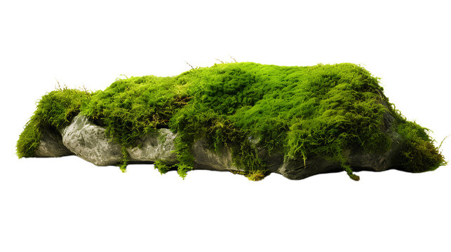 Green Moss Meadow on a rock. Side view. Isolated on Transparent background.