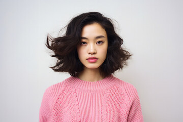 Portrait of a young Korean woman in a winter pink sweater