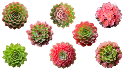 set of colourful succulent plants isolated over a transparent background, cut-out floral garden or seasonal summer home decor design elements, top view / flat lay PNG