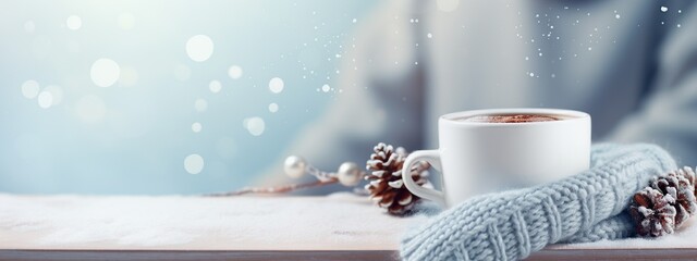 A cup of hot drink on a snow-covered table, surrounded by a wool scarf and pine cones on a blue background and silhouette. A Christmas and New Year background. Banner with copy space. - obrazy, fototapety, plakaty