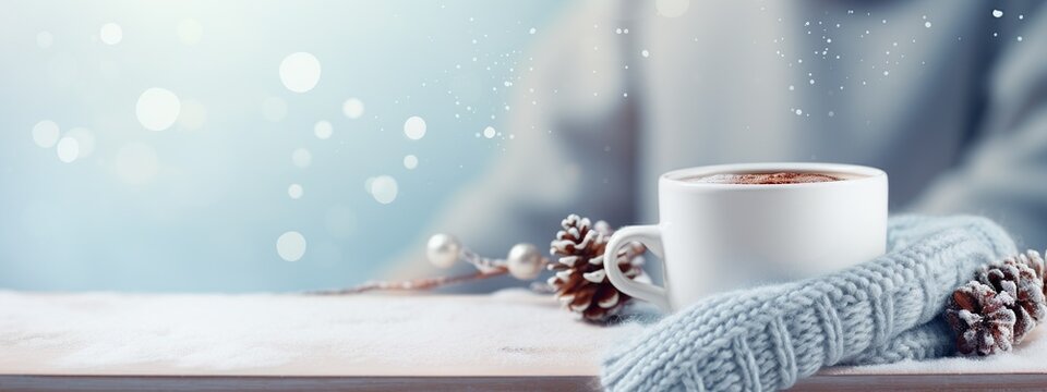 A cup of hot drink on a snow-covered table, surrounded by a wool scarf and pine cones on a blue background and silhouette. A Christmas and New Year background. Banner with copy space.