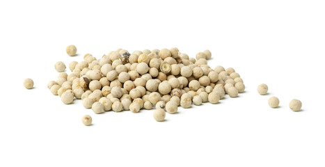 Heap of white peppercorns isolated on white background