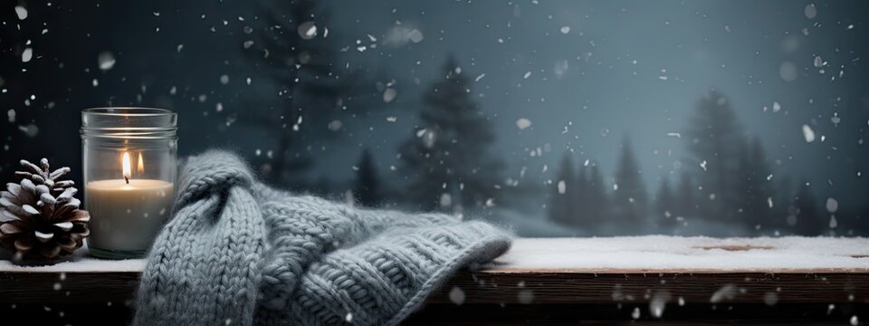 Winter landscape with a flickering candle, a knitted scarf, and a pine cone on a wooden surface under a snowfall. A Christmas and New Year background. Banner with copy space.
