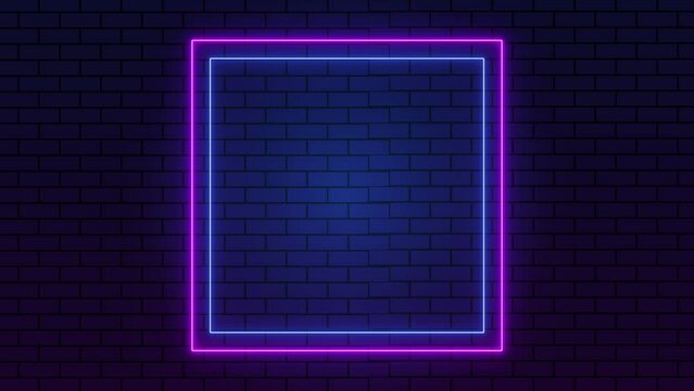 Bright square frame neon light flickering animation with brick wall background