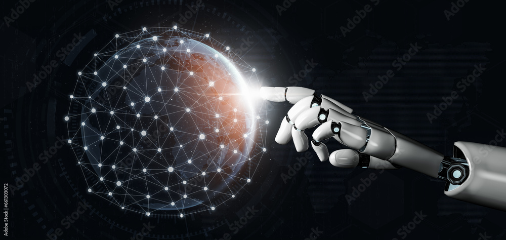 Poster 3d rendering futuristic robot technology development, artificial intelligence ai, and machine learni