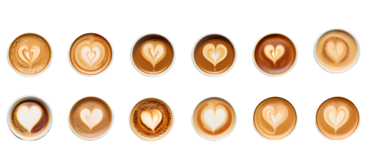 coffee cups assortment with heart sign. top view. Isolated on Transparent background.