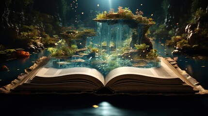 Book concept with water and land pages and little boy. Fantasy, nature or learning concept