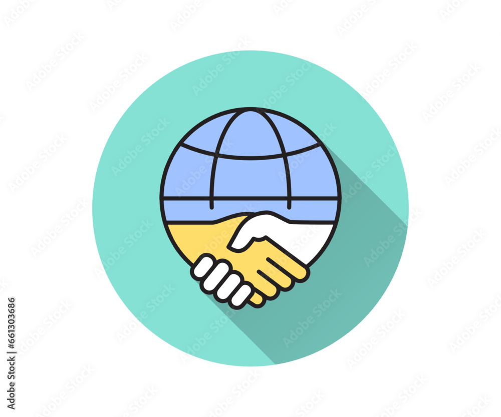 Poster handshake with globe flat icon with long shadow for graphic and web design.