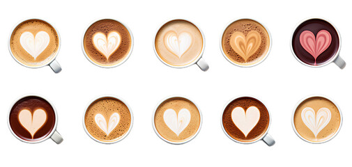 coffee cups assortment with heart sign. top view. Isolated on Transparent background.