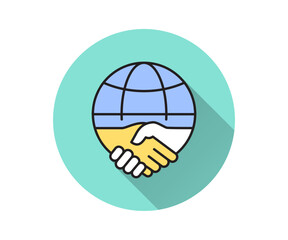 Handshake with globe flat icon with long shadow for graphic and web design.