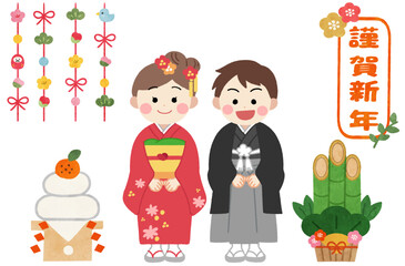 着物を着た子供の正月・年賀状素材イラスト