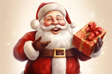 happy Santa Claus character with gifts, a bag with presents, waving, and greeting on a white background