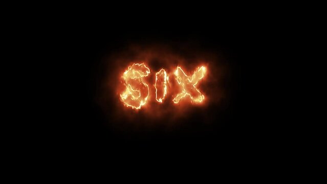 Fire alphabet letters SIX isolated, outline fire and ice glowing on black background