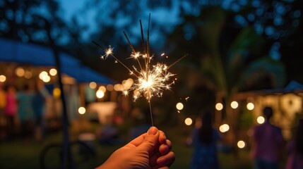 photo of hands holding fireworks in the yard at night - obrazy, fototapety, plakaty