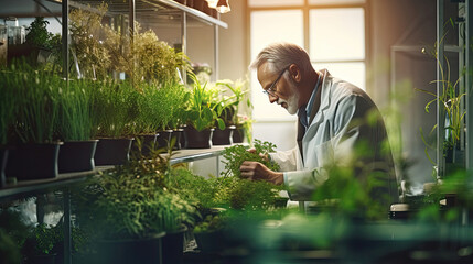 A botanist inspecting plants in a lab using genetic engineering and hydroponics.