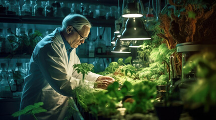 A botanist inspecting plants in a lab using genetic engineering and hydroponics.