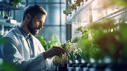 A botanist inspecting plants in a lab using genetic engineering and hydroponics. - obrazy, fototapety, plakaty