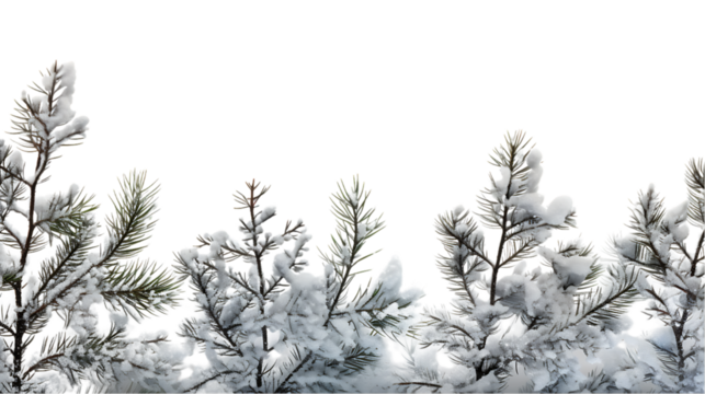 Pine Tree Branches Coated in Winter Snow Isolated on Transparent or White Background, PNG