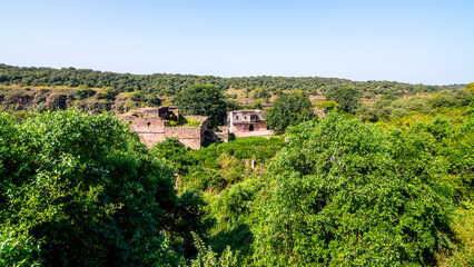 Fototapeta na wymiar Sawai Madhopur, Rajasthan - Ranthambore Fort stands atop a hill and has played a vital role in the history of Rajasthan