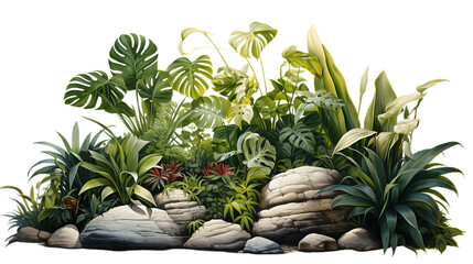 Tropical Plants and Rocks in a Garden Setting Isolated on Transparent or White Background, PNG