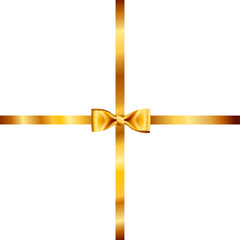 Realistic gold bow and ribbon shiny satin with shadow for decorate your greeting card vector isolated on transparent background