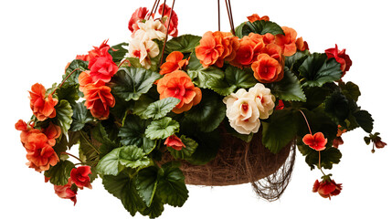 Begonia in Hanging Coconut Coir Basket Isolated on Transparent or White Background, PNG