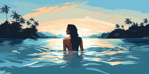 Illustration background of woman swimming in the beach