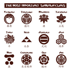 japanese kamon crests of the most importants samurai clans on white background