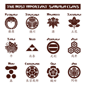 japanese kamon crests of the most importants samurai clans on white background