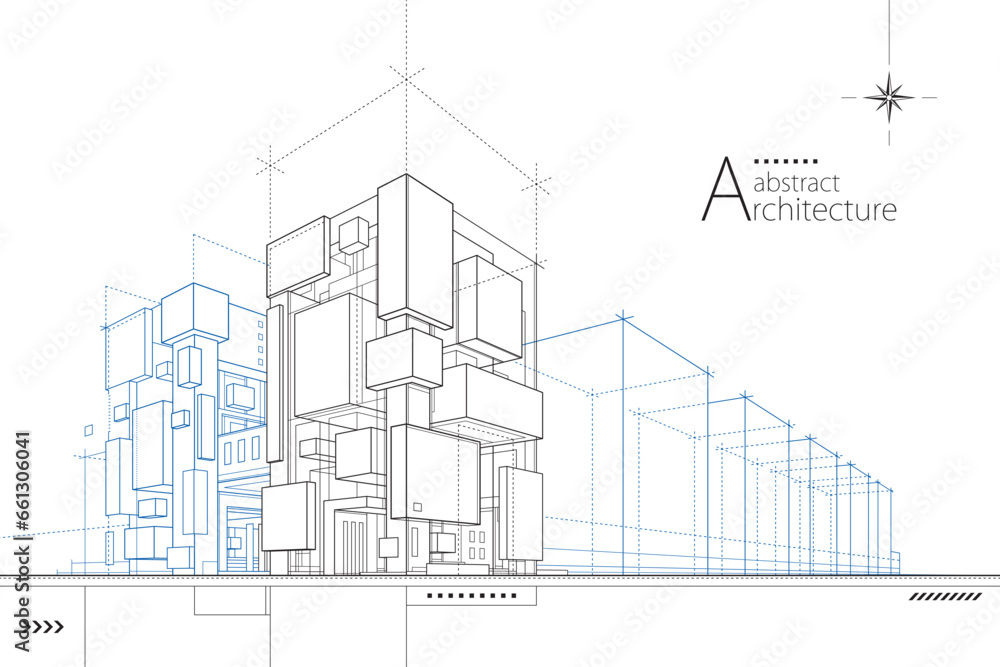 Fototapete 3D illustration abstract urban building out-line drawing of imagination architecture building construction design.