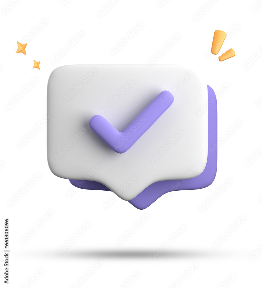 Poster 3d rendering of speech bubble with notification icons, 3d pastel chat with checked icon. set of 3d s
